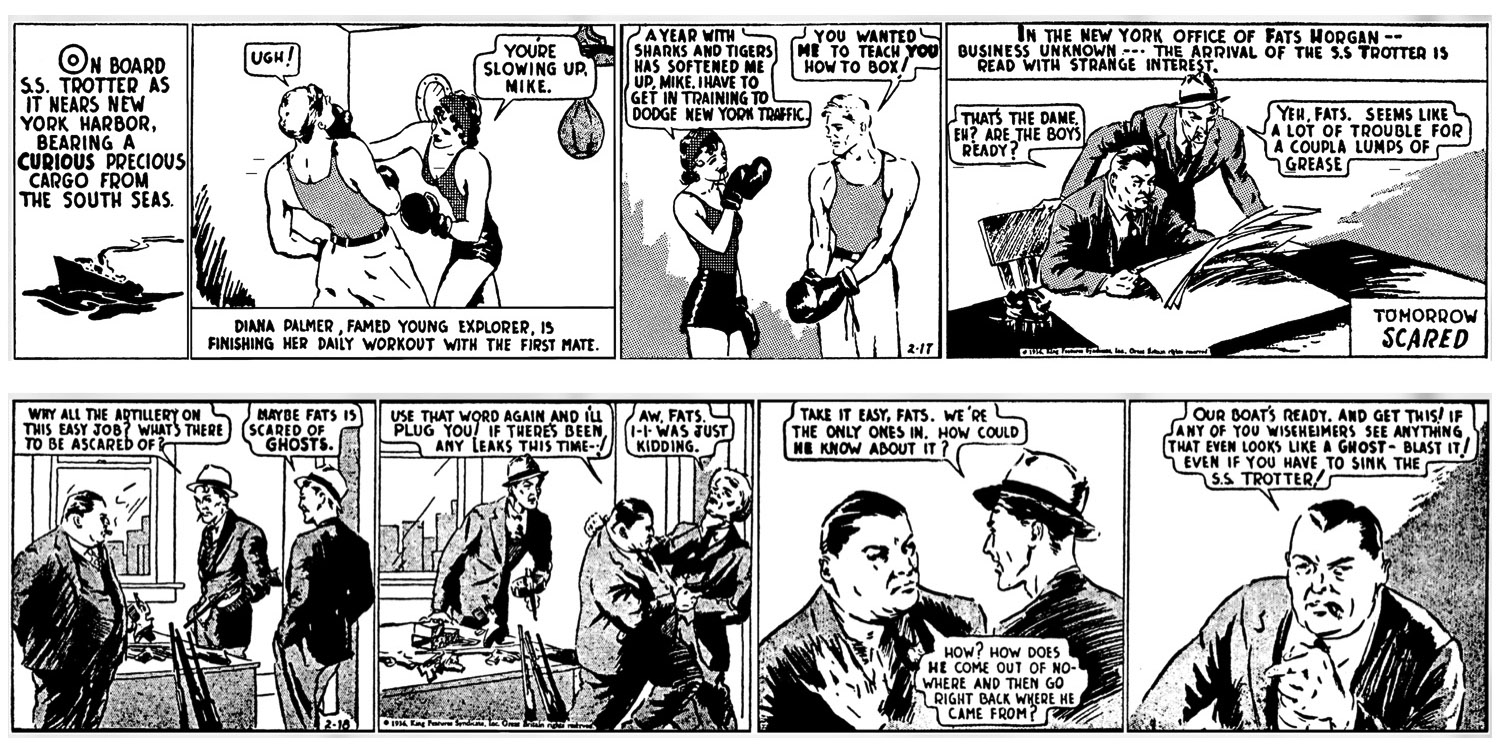 Panels from the first Phantom daily strip, dated 17 February 1936